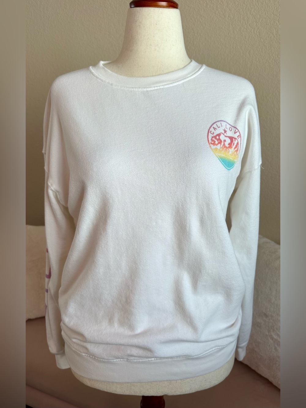 Billabong Sweatshirt Graphic Crewneck Women’s L White California Rainbow Pastel